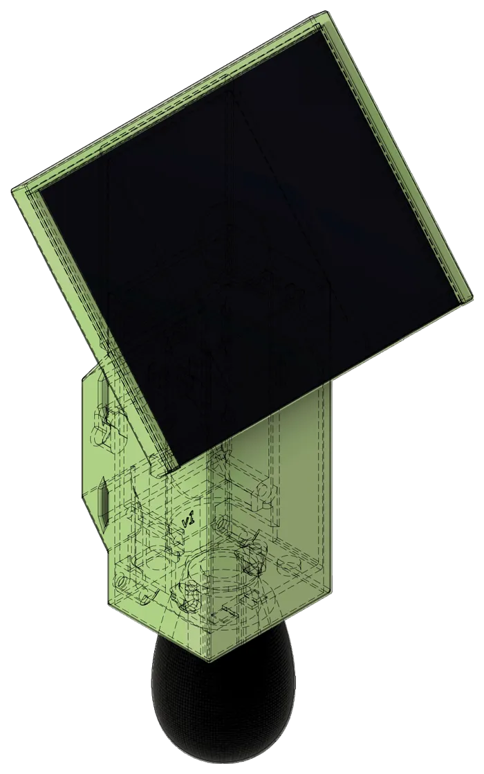 Die Messstation: ein kleines, hellgrünes Gehäuse, oben ein schräg gestelltes Solarpanel, unten ein schwarzer, kugelförmiger Windschutz über dem Mikrofon.